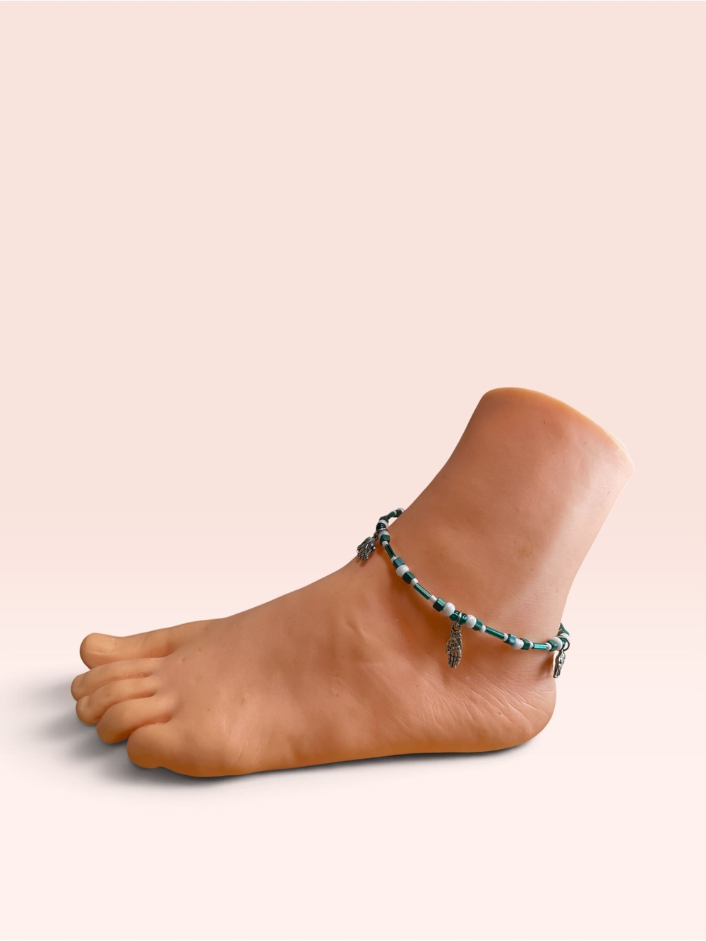 Beaded Turquoise Ankle Bracelet with Elephant & lotus Charms - Women Accessories